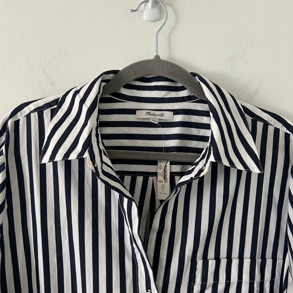 Madewell Women's Y-Neck Button Up Navy Striped Shirt Blouse L Large New - Picture 5 of 12